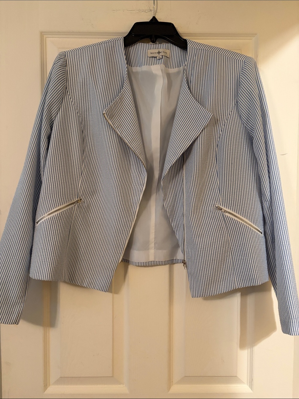 Light Blue and White Striped Cropped Blazer